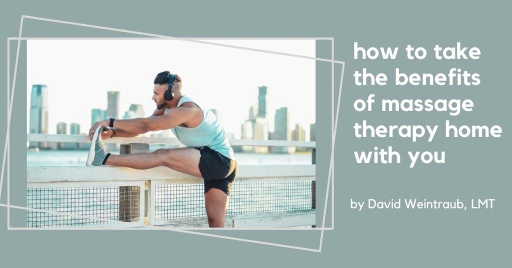 Man stretching with city skyline backdrop